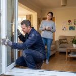 Installateur posant une nouvelle fenêtre à double vitrage dans une maison familiale pendant qu'une habitante observe sereinement, illustration du remplacement de fenêtres sans perturber la vie quotidienne