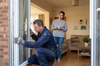 Installateur posant une nouvelle fenêtre à double vitrage dans une maison familiale pendant qu'une habitante observe sereinement, illustration du remplacement de fenêtres sans perturber la vie quotidienne