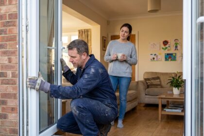 Installateur posant une nouvelle fenêtre à double vitrage dans une maison familiale pendant qu'une habitante observe sereinement, illustration du remplacement de fenêtres sans perturber la vie quotidienne