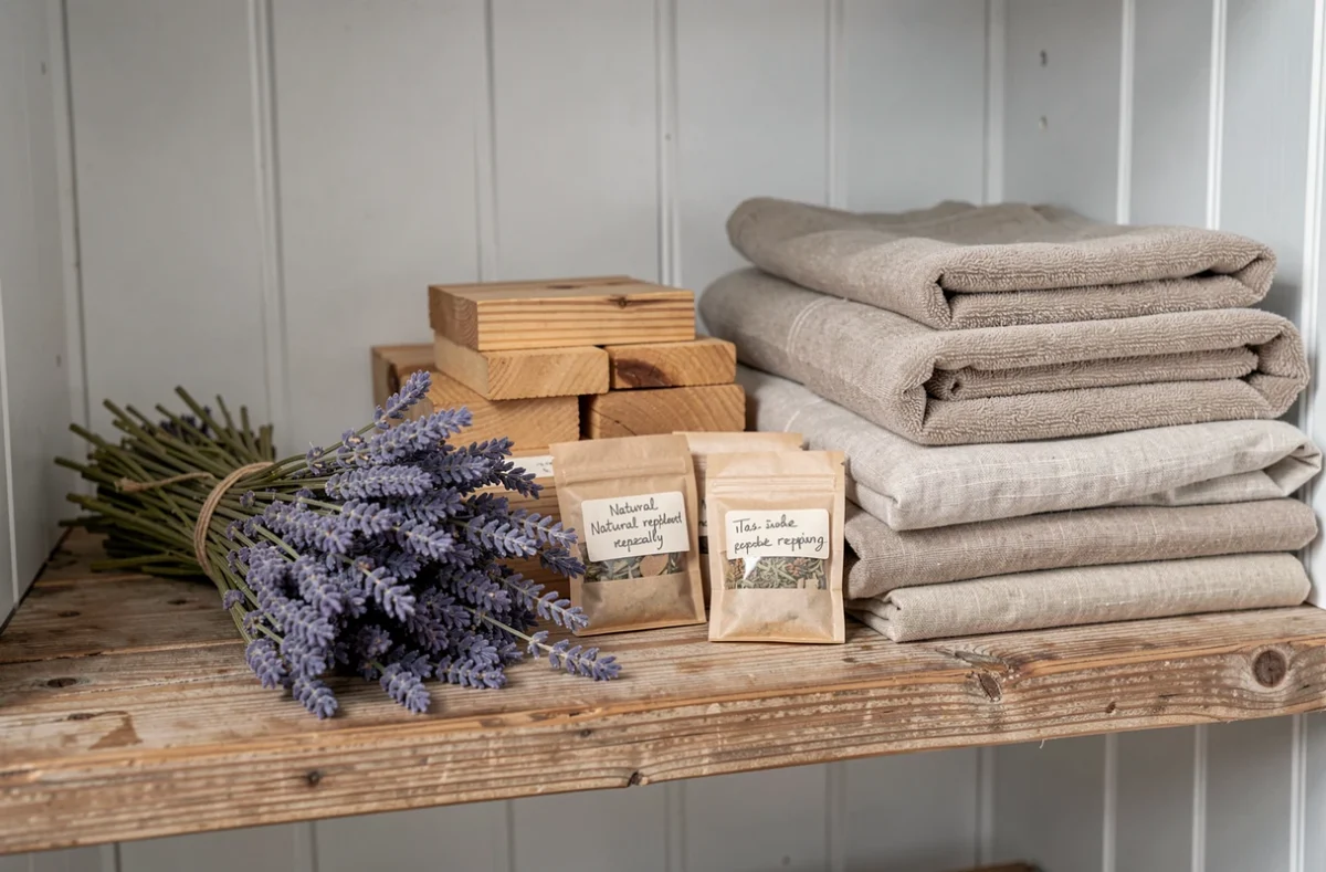 Sachets de lavande et blocs de cèdre naturels placés dans une armoire à linge pour repousser les papillons de nuit