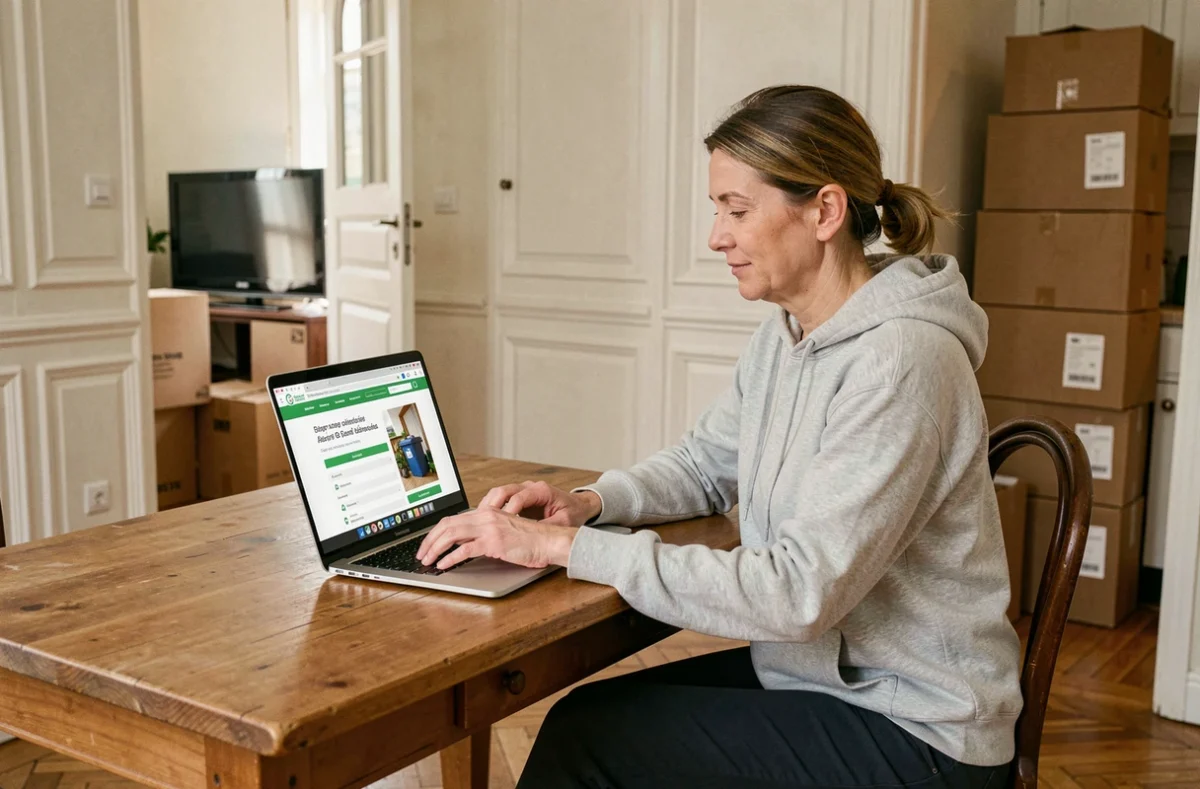 Femme consultant un service de collecte d'encombrants en ligne depuis son appartement parisien