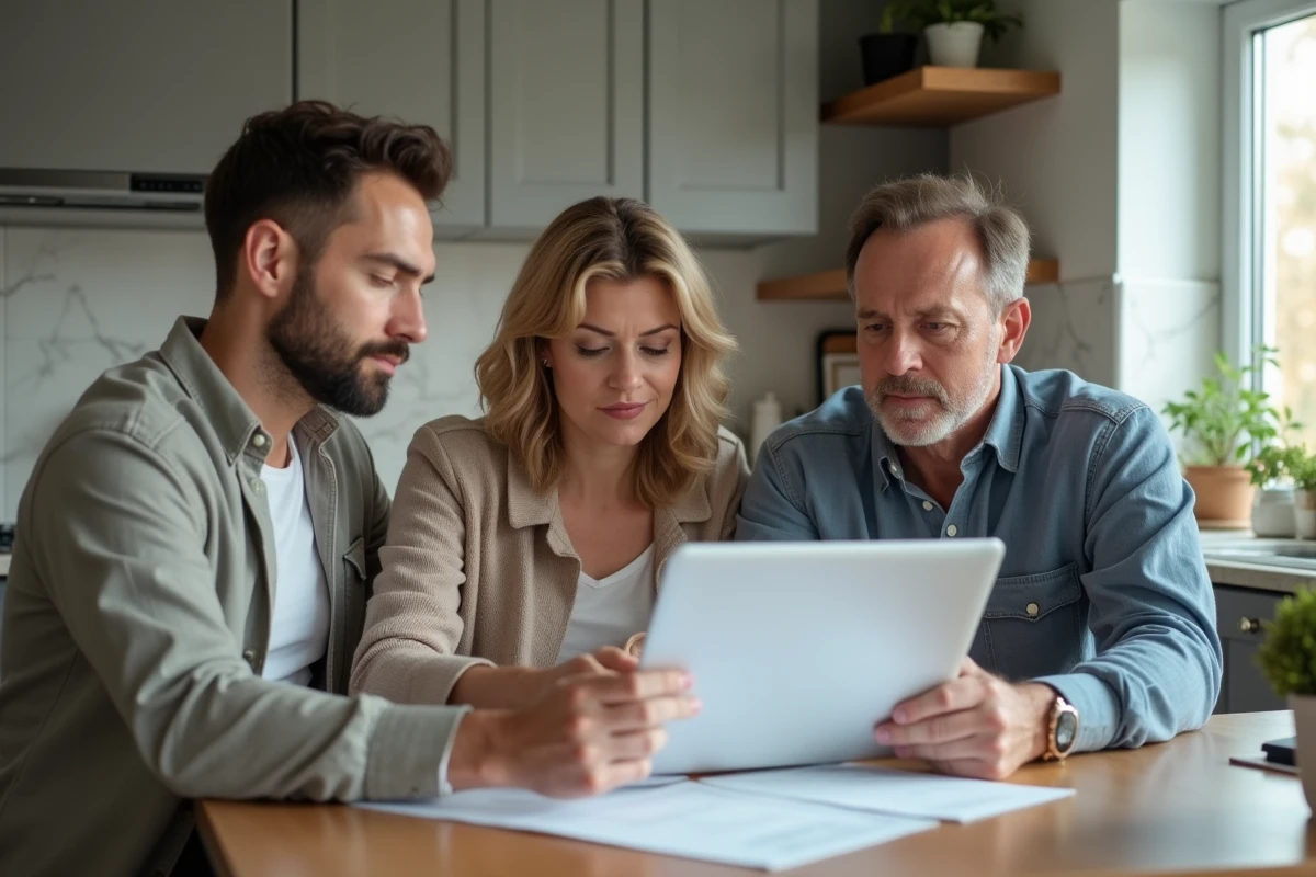 Jeune homme et couple examinant des documents dans la cuisine