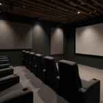 Salle de cinéma maison avec fauteuils en velours et panneaux acoustiques dans un sous-sol aménagé