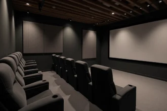 Salle de cinéma maison avec fauteuils en velours et panneaux acoustiques dans un sous-sol aménagé