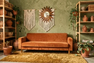 Salon décoré dans un style années 70 bohème avec canapé en velours orange, tapis shag moutarde et suspensions en macramé