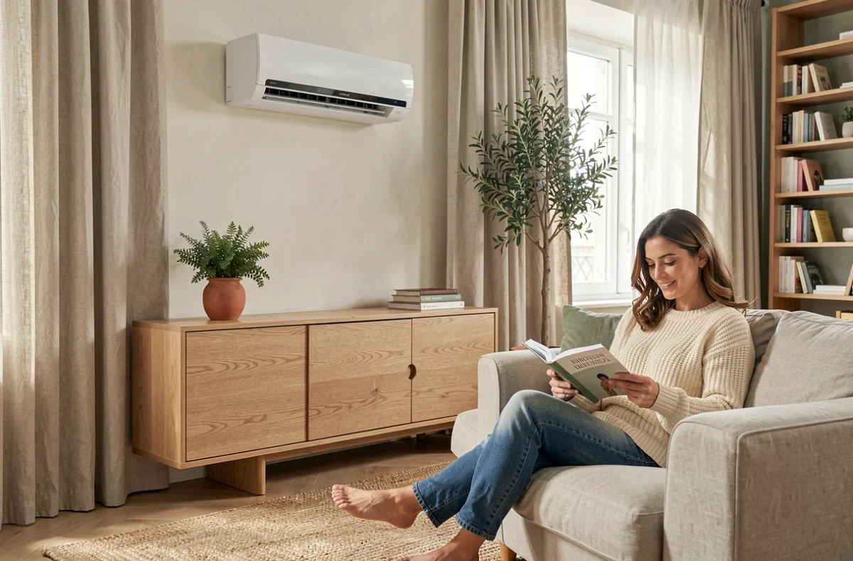 Femme lisant dans un salon français moderne chauffé par une unité intérieure de pompe à chaleur murale avec décoration nordique chaleureuse