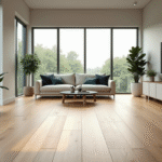 Salon moderne avec sol en laminate bois clair et grandes fenêtres