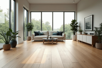 Salon moderne avec sol en laminate bois clair et grandes fenêtres