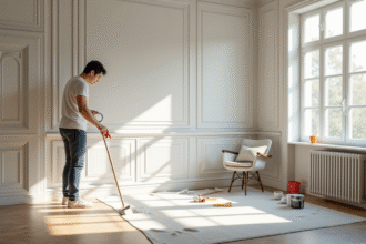 Salon cosy en rénovation avec peinture blanche et lumière naturelle
