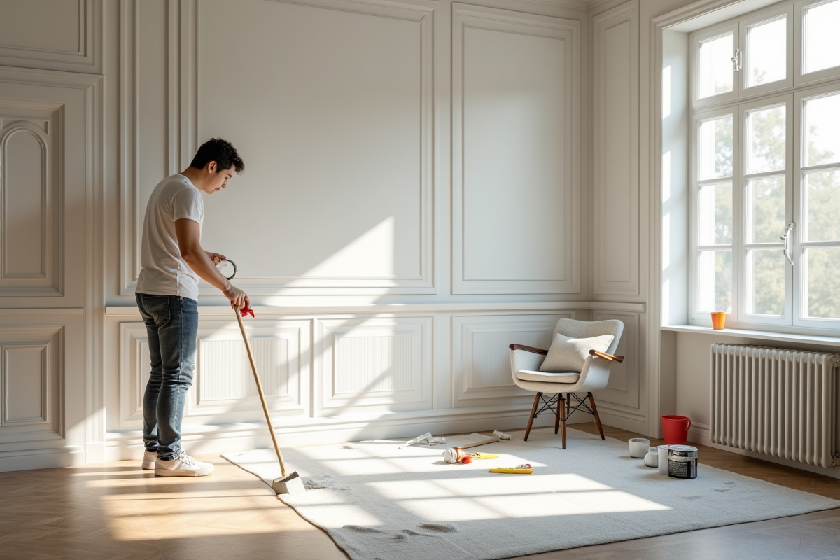 Salon cosy en rénovation avec peinture blanche et lumière naturelle