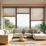 Salon moderne avec volets en bois et lumière naturelle