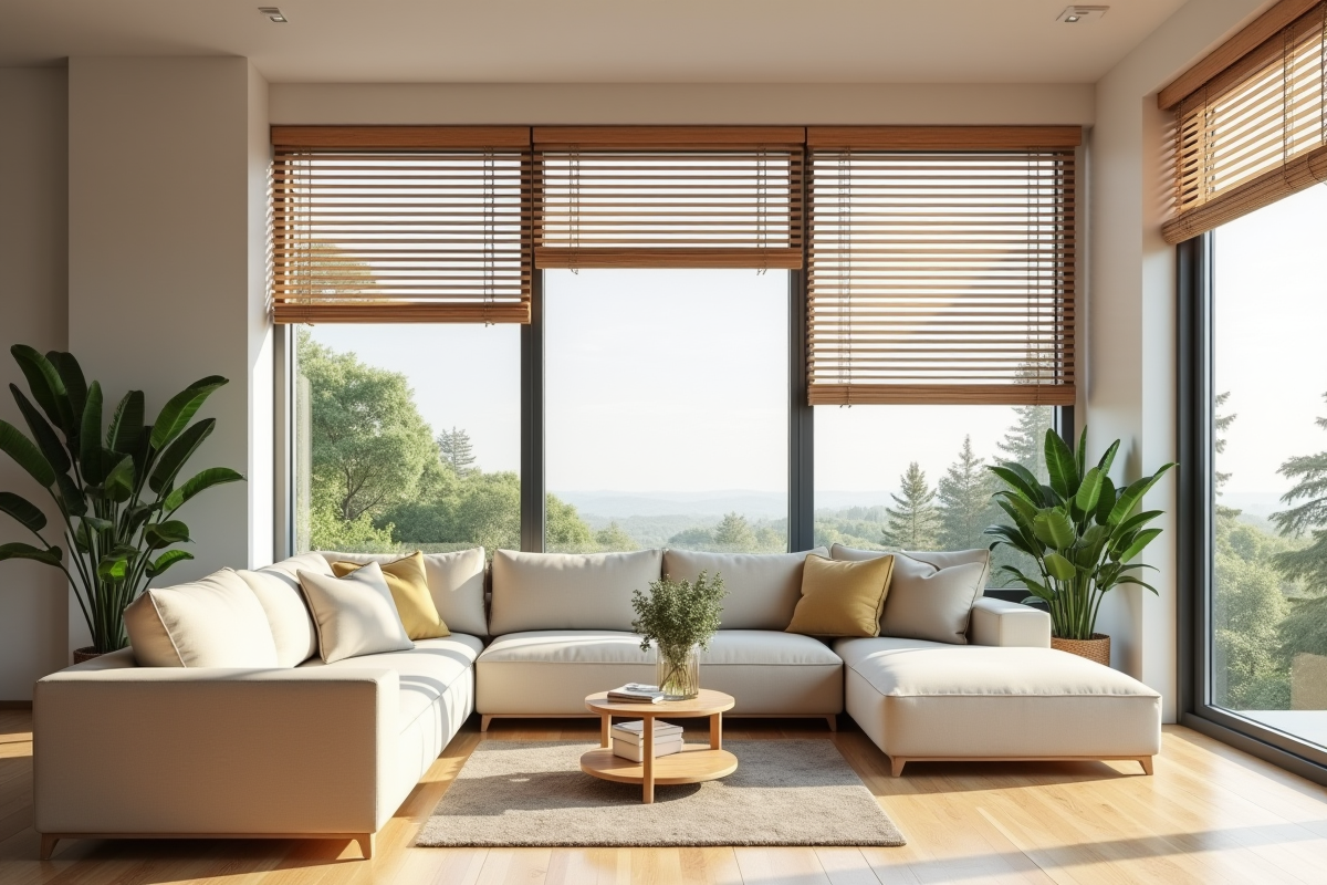 Salon moderne avec volets en bois et lumière naturelle