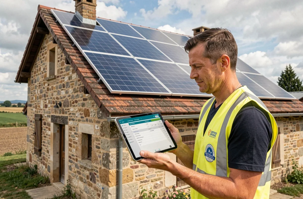 Installateur certifié SASU MTTB-2N inspectant une installation photovoltaïque sur une ferme traditionnelle en Bourgogne-Franche-Comté