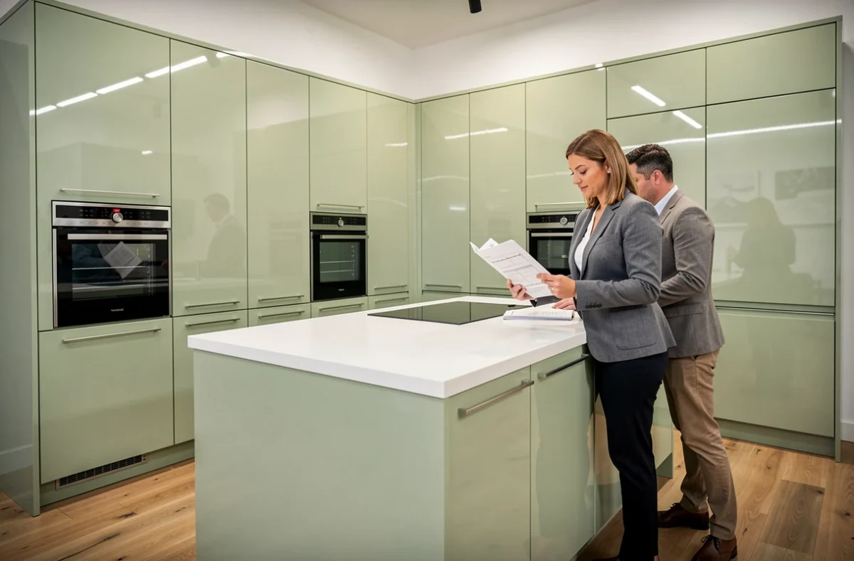 Conseillère Schmidt Besançon présentant une cuisine haut de gamme en laqué vert sauge à des clients dans le showroom