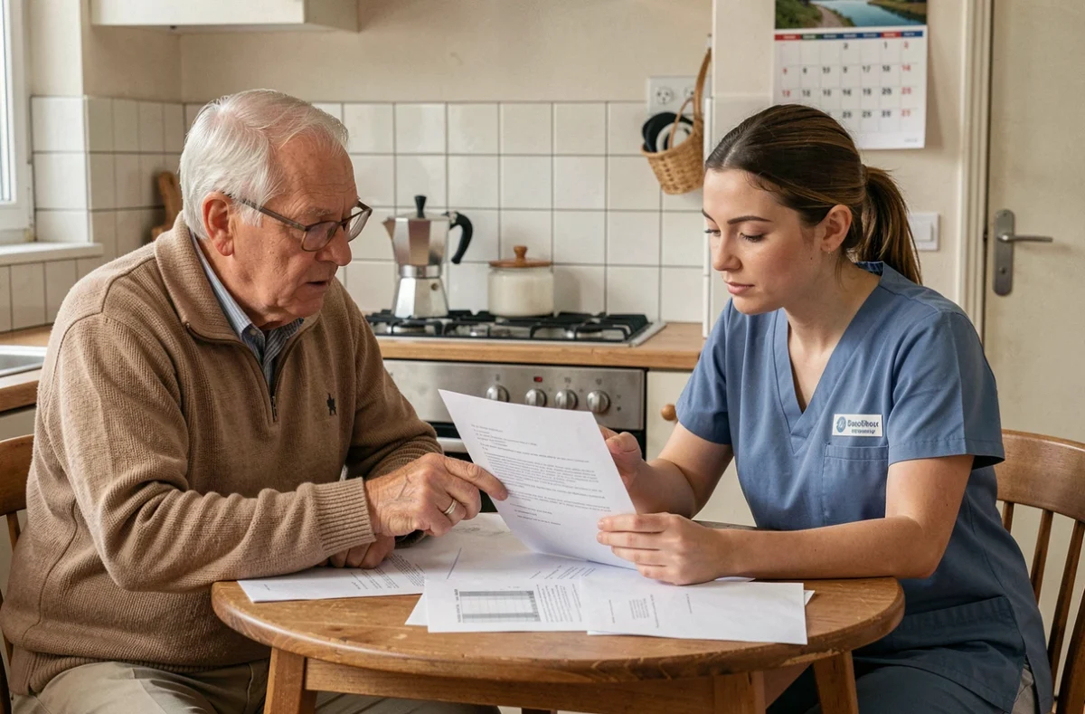 Un senior et une aide ménagère examinant un contrat de services à domicile