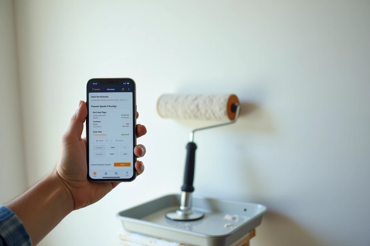 Gros plan d'un smartphone affichant un site d'estimation de prix de peinture tenu par une main de peintre avec fond de mur fraîchement repeint