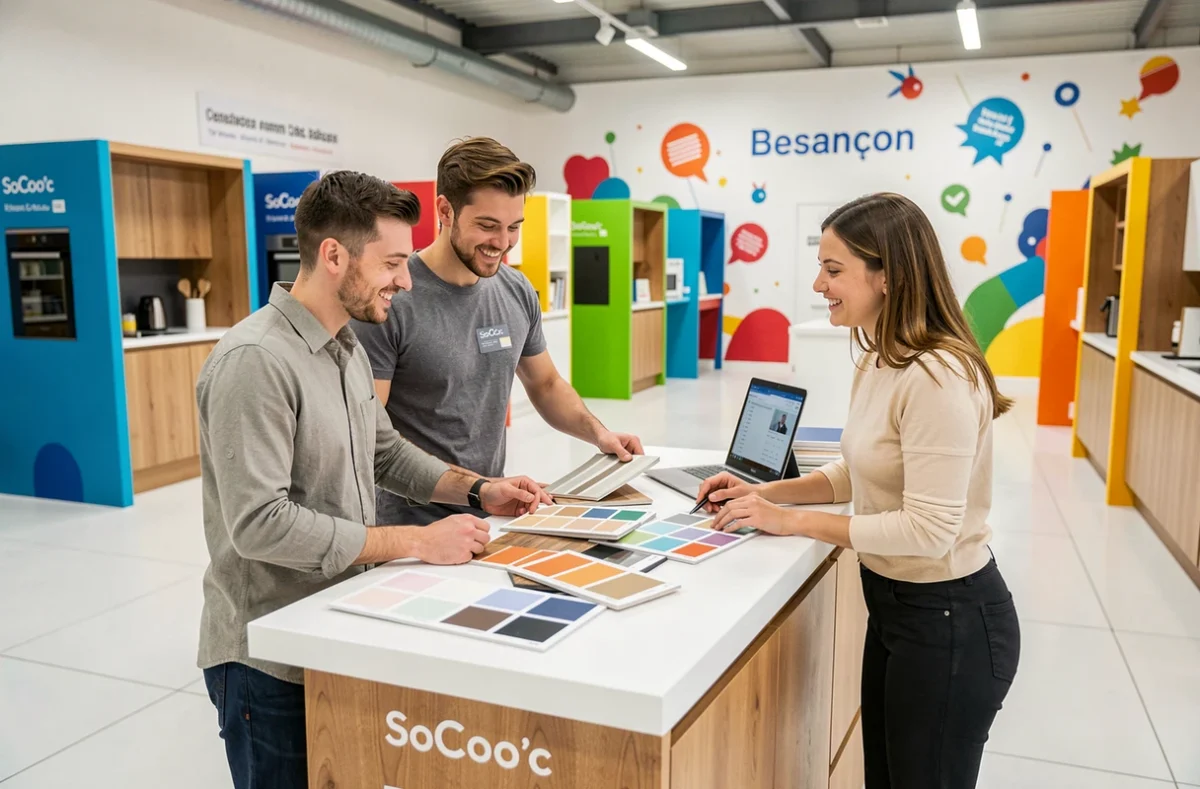 Couple choisissant des façades de cuisine avec une conseillère SoCoo'c Besançon dans un showroom coloré