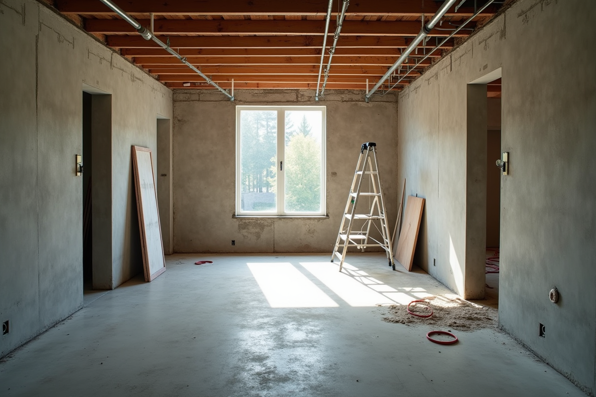 Sous-sol en construction avec murs en béton et lumière naturelle