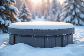 Spa d'hiver enneige avec couverture isolante et glaçons