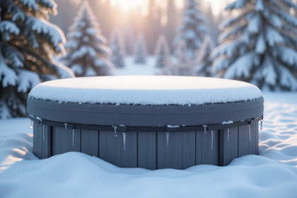 Spa d'hiver enneige avec couverture isolante et glaçons