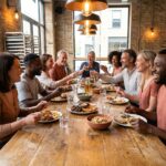 Grande table de réfectoire en chêne massif entourée d'adultes partageant un repas convivial dans une cafétéria moderne au décor en brique apparente