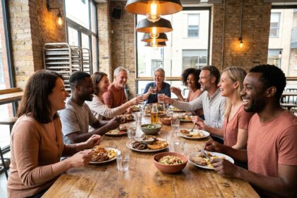 Grande table de réfectoire en chêne massif entourée d'adultes partageant un repas convivial dans une cafétéria moderne au décor en brique apparente