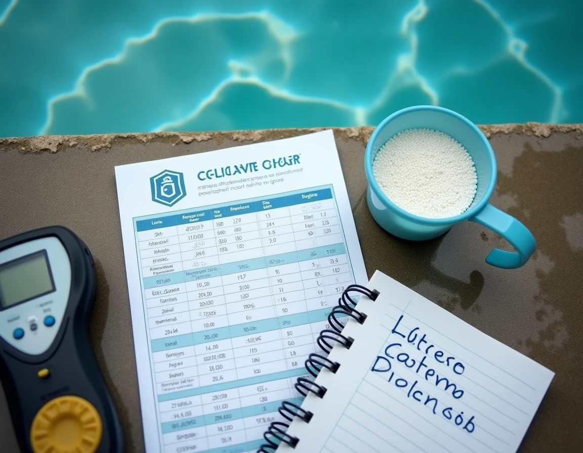 Tableau de dosage chlore piscine avec granulés et testeur numérique posés sur un bord de piscine mouillé après la pluie