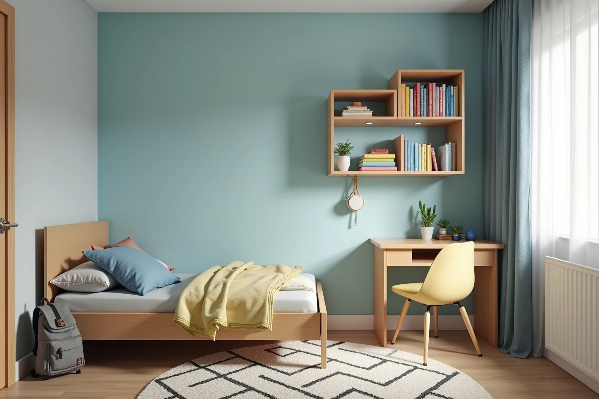 Petite chambre d'enfant de 9 mètres carrés avec lit simple, bureau compact et étagères colorées