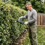 Homme taillant une haie avec une taille-haie électrique dans un jardin résidentiel au printemps