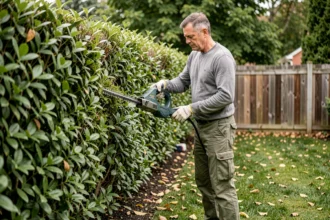 Homme taillant une haie avec une taille-haie électrique dans un jardin résidentiel au printemps