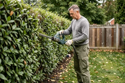 Homme taillant une haie avec une taille-haie électrique dans un jardin résidentiel au printemps