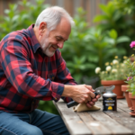 Homme appliquant de l'huile sur un sécateur dans le jardin