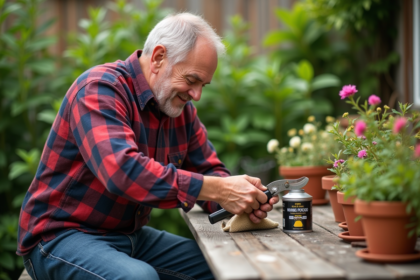 Homme appliquant de l'huile sur un sécateur dans le jardin