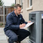 Technicien HVAC examinant un devis à côté d'une pompe à chaleur installée sur une façade résidentielle