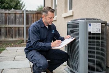 Technicien HVAC examinant un devis à côté d'une pompe à chaleur installée sur une façade résidentielle