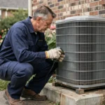 Technicien HVAC inspectant l'échangeur d'une pompe à chaleur extérieure avec un outil de diagnostic