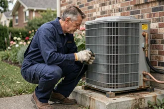 Technicien HVAC inspectant l'échangeur d'une pompe à chaleur extérieure avec un outil de diagnostic