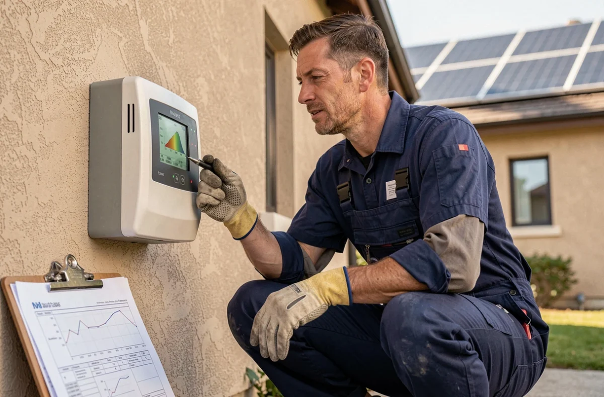 Technicien installateur réglant le tableau de contrôle d'un chauffe-eau solaire thermique
