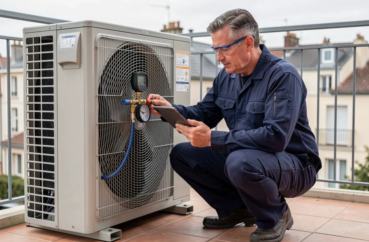Technicien HVAC en uniforme bleu effectuant la maintenance d'une pompe à chaleur air-air sur une terrasse résidentielle française