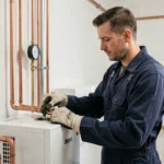 Technicien HVAC raccordant une pompe à chaleur air-eau aux radiateurs existants dans une chaufferie résidentielle