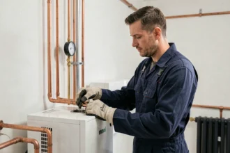 Technicien HVAC raccordant une pompe à chaleur air-eau aux radiateurs existants dans une chaufferie résidentielle