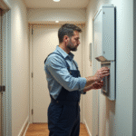 Technicien en overalls ajustant une VMC dans un couloir moderne