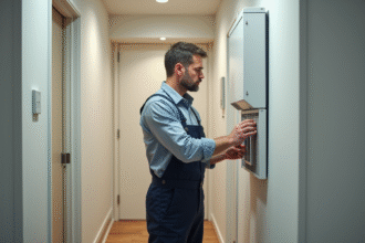 Technicien en overalls ajustant une VMC dans un couloir moderne