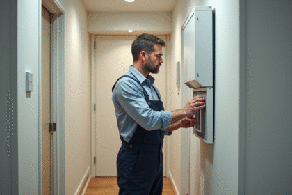 Technicien en overalls ajustant une VMC dans un couloir moderne
