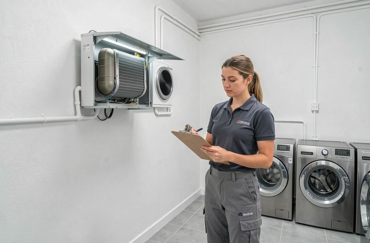 Technicienne examinant l'échangeur interne d'une pompe à chaleur murale dans une buanderie moderne
