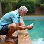 Homme testant le taux de chlore de sa piscine après un orage avec un kit d'analyse colorimétrique