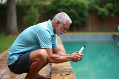 Homme testant le taux de chlore de sa piscine après un orage avec un kit d'analyse colorimétrique