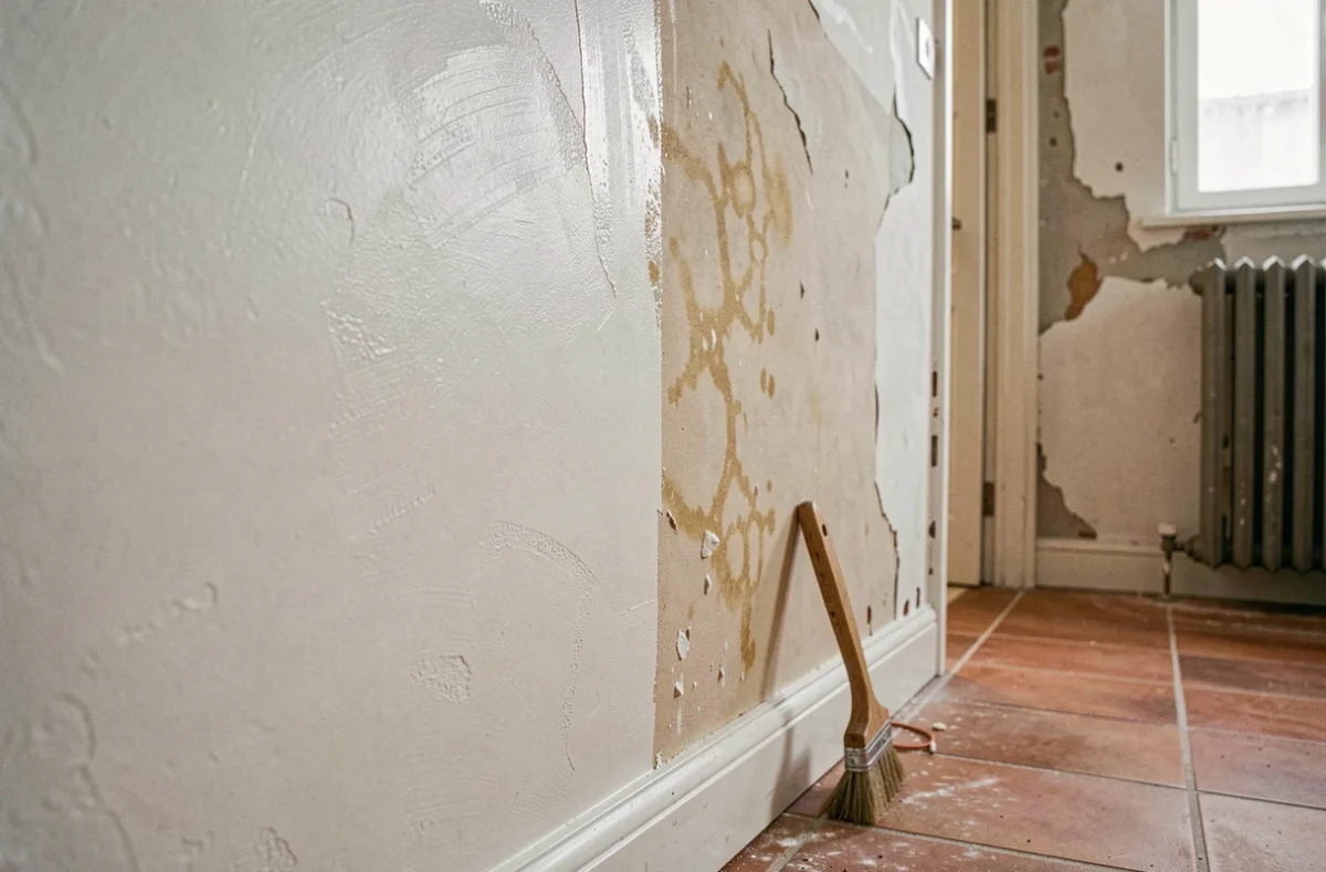 Contraste entre un mur intérieur traité contre l'humidité et une zone non traitée avec des traces de salpêtre