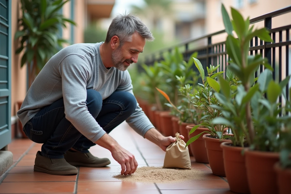 Homme traitant la terre d'une plante en pot sur un balcon avec de la terre de diatomées contre les moucherons
