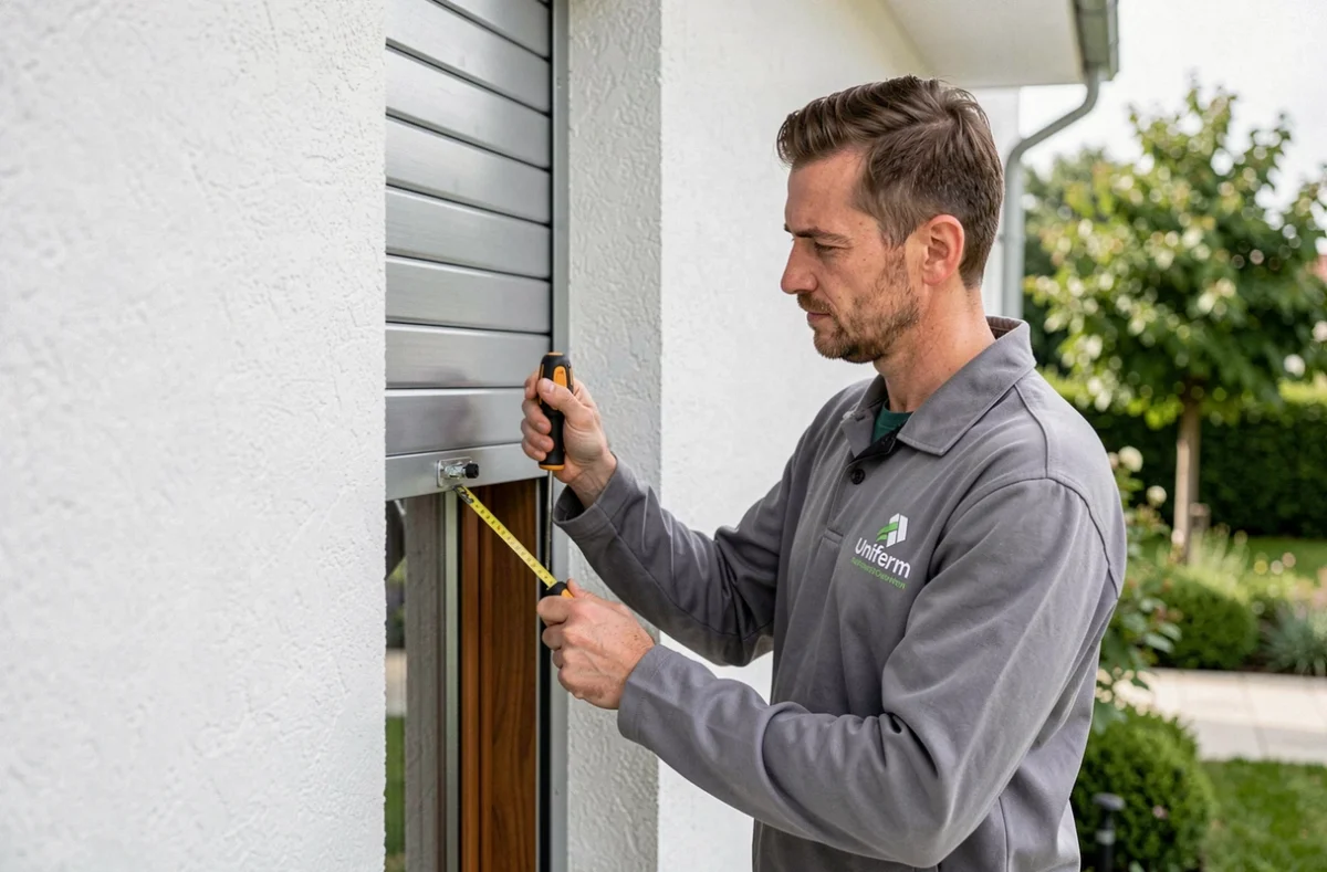 Technicien Uniferm installant un volet roulant aluminium sur une maison en Isère
